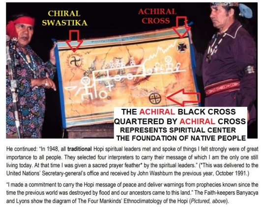 Hopi two gifts ACHIRAL Maltese Cross CHIRAL Swastika Faithkeepers Thomas Banyacya and Lyons quartered cross